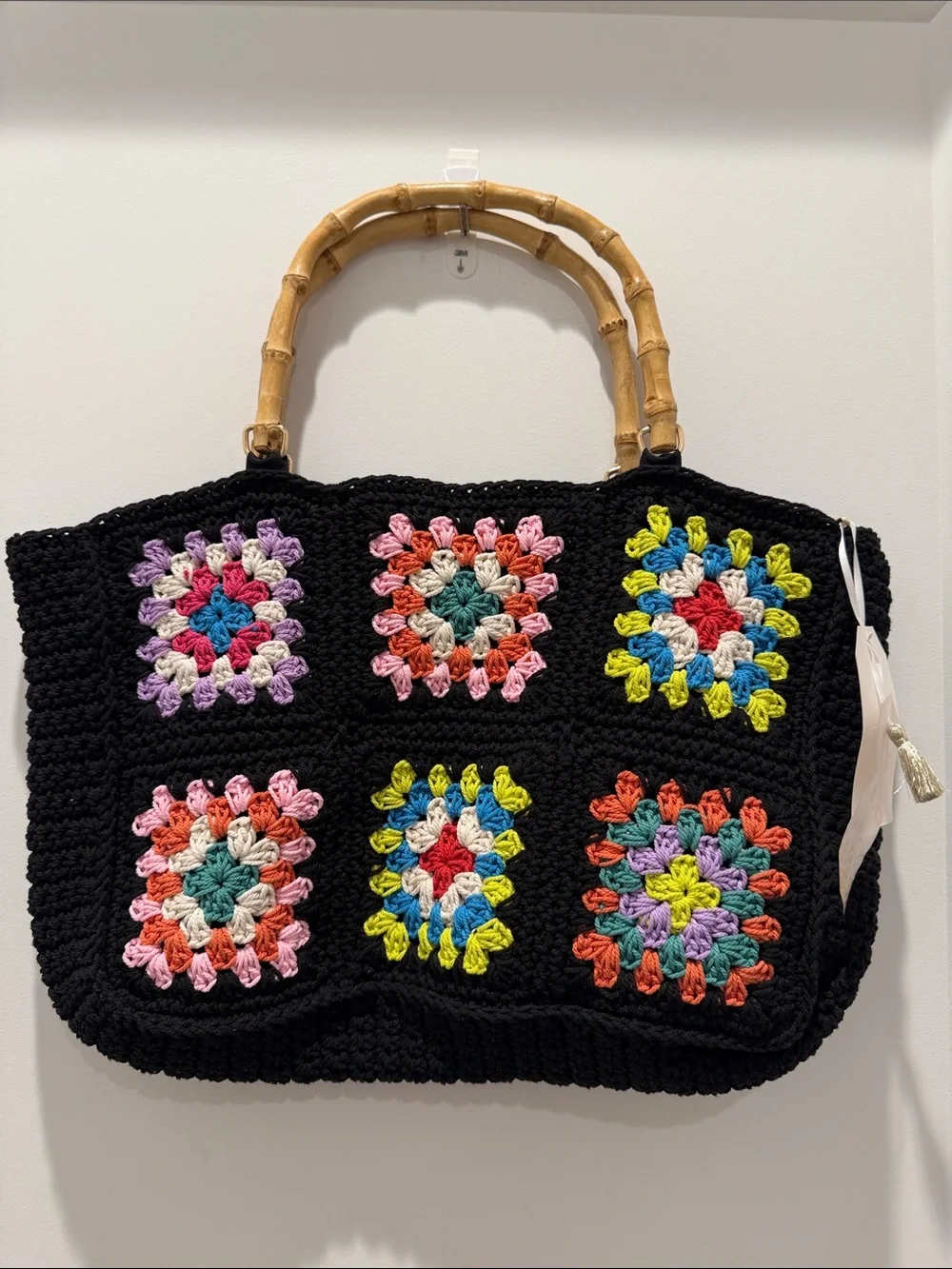 NWT Black Crochet Tote with Colorful Granny Squares and Bamboo Handles